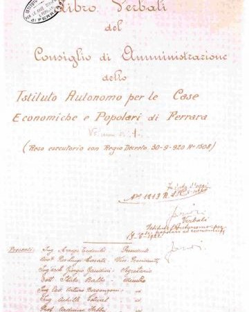 Riproduzione del frontespizio del I Libro Verbali del Consiglio di Amministrazione dello I.A.C.P. di Ferrara.