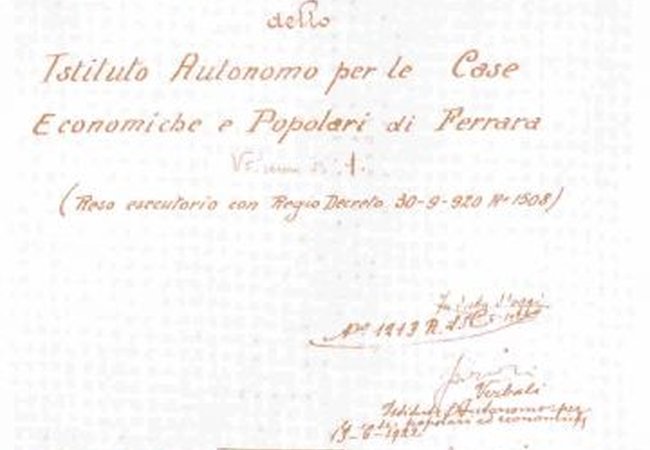Riproduzione del frontespizio del I Libro Verbali del Consiglio di Amministrazione dello I.A.C.P. di Ferrara.