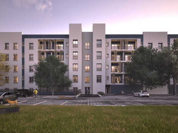 Render dell'intervento con vista da Via Beethoven al tramonto