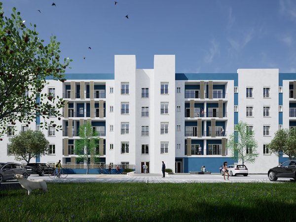 Render dell'intervento con vista da Via Beethoven di giorno