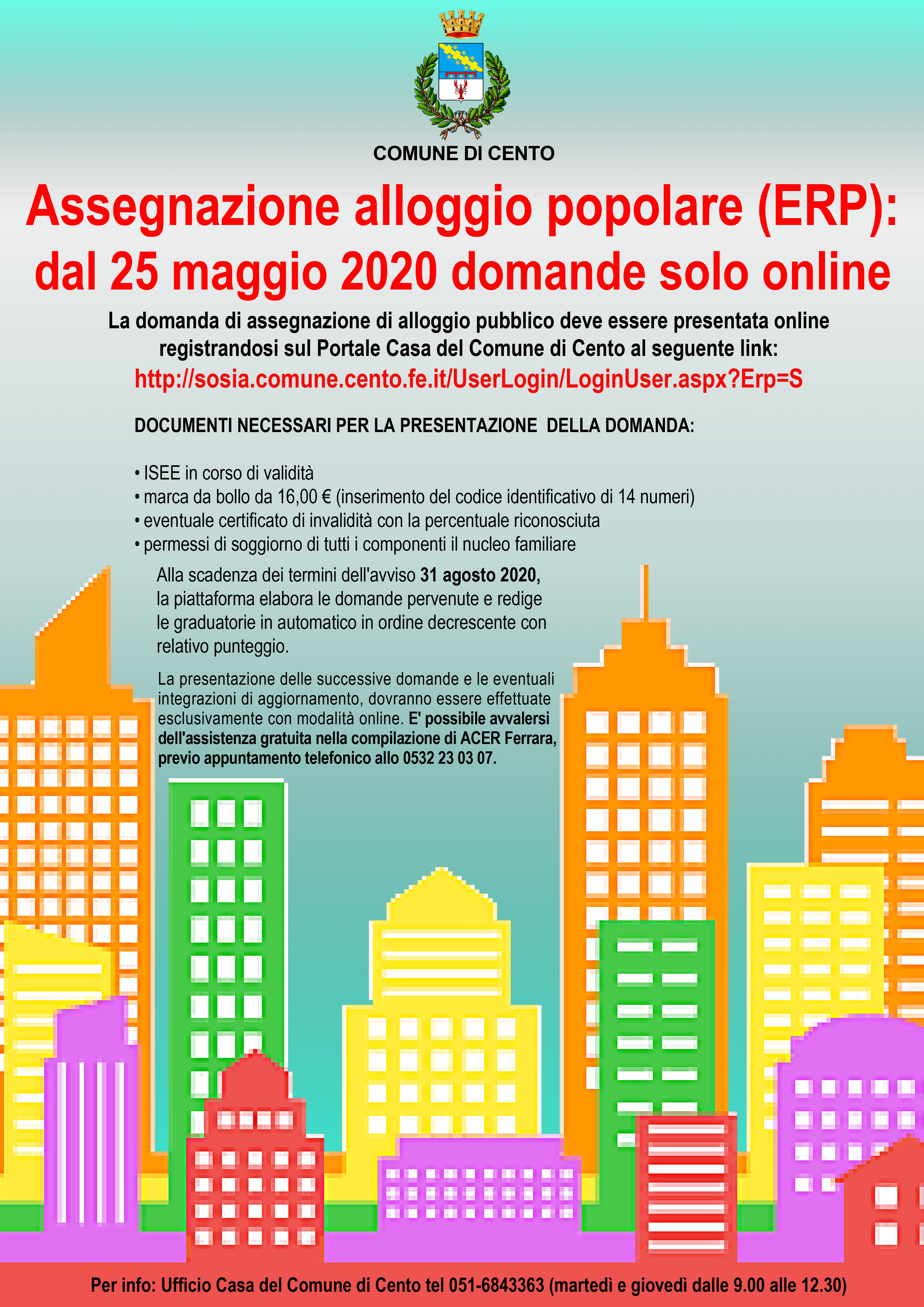 Comune di CENTO: Assegnazione alloggio popolare (ERP) dal 25 maggio 2020 le domande si presentano solo online