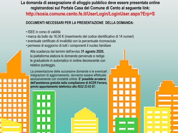 Comune di CENTO: Assegnazione alloggio popolare (ERP) dal 25 maggio 2020 le domande si presentano solo online
